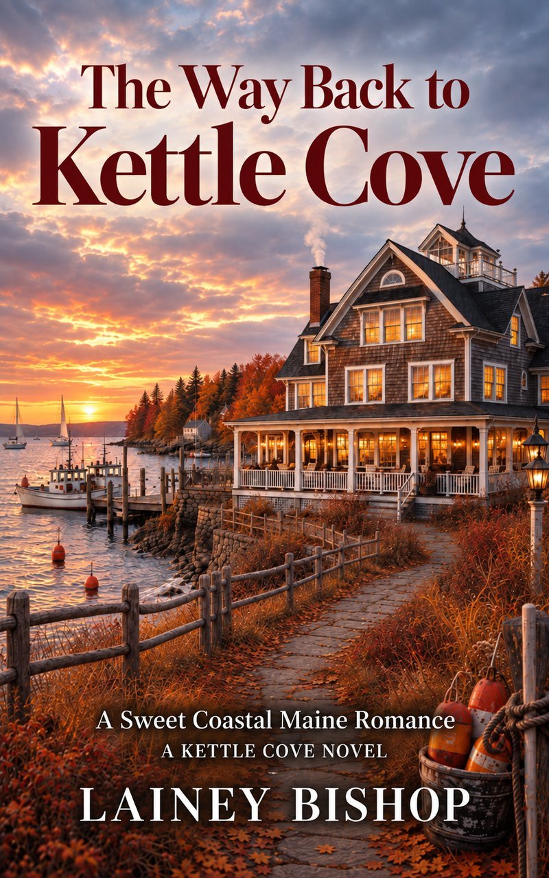 Cover of The Way Back to Kettle Cove: a shingled inn with lit windows above a Maine harbour at sunset in October.